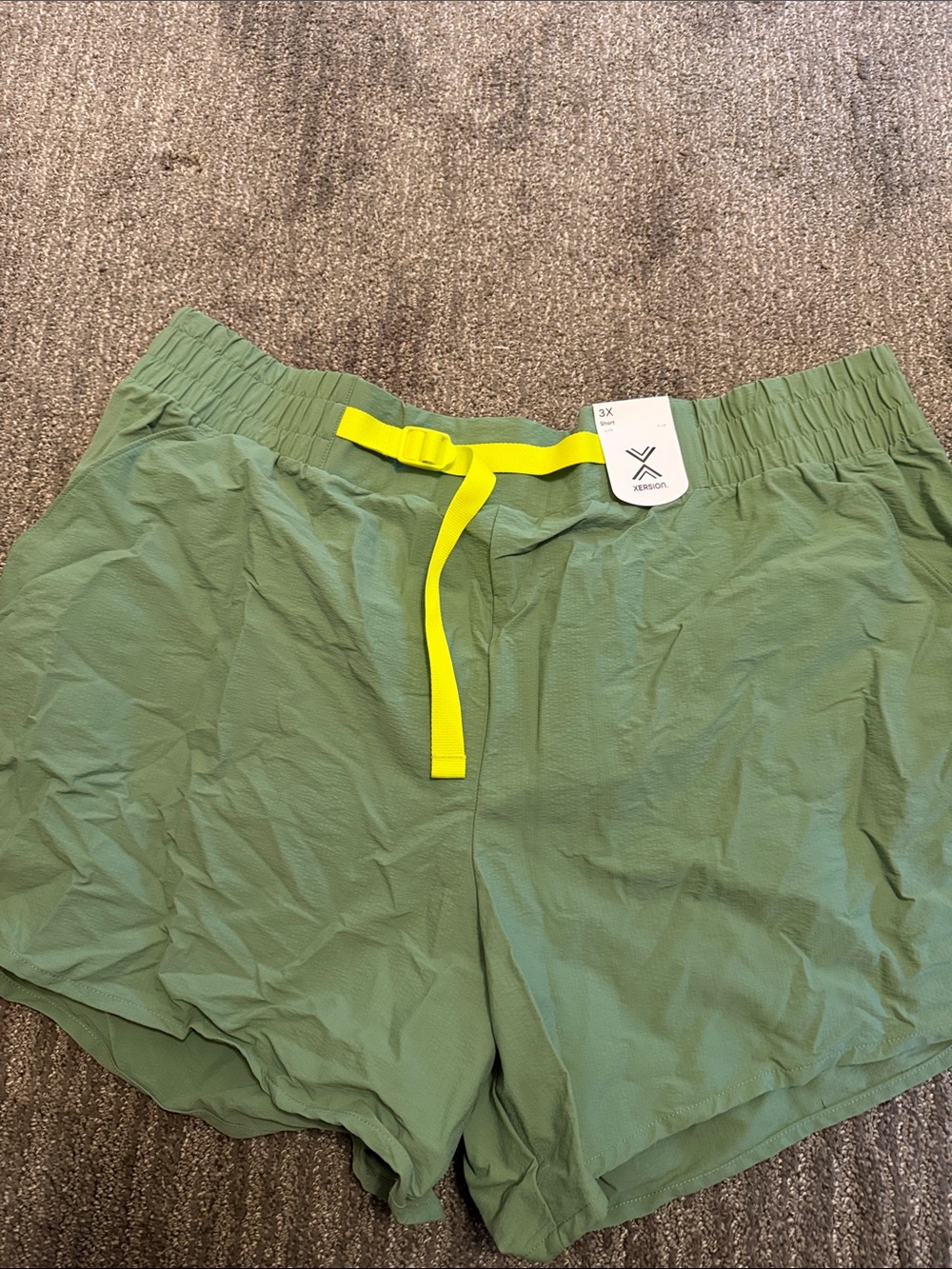 Xersion Olive Green Shorts with Neon Yellow Drawcord